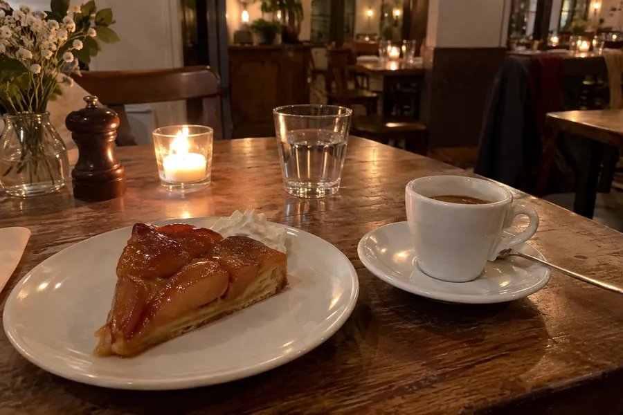 Ein Stück Tarte Tatin und ein Espresso auf einem Bistrotisch am Abend, daneben eine Kerze