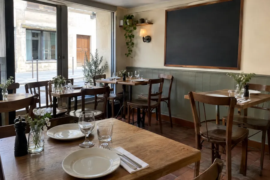 An empty restaurant dining room with set wooden tables, before service