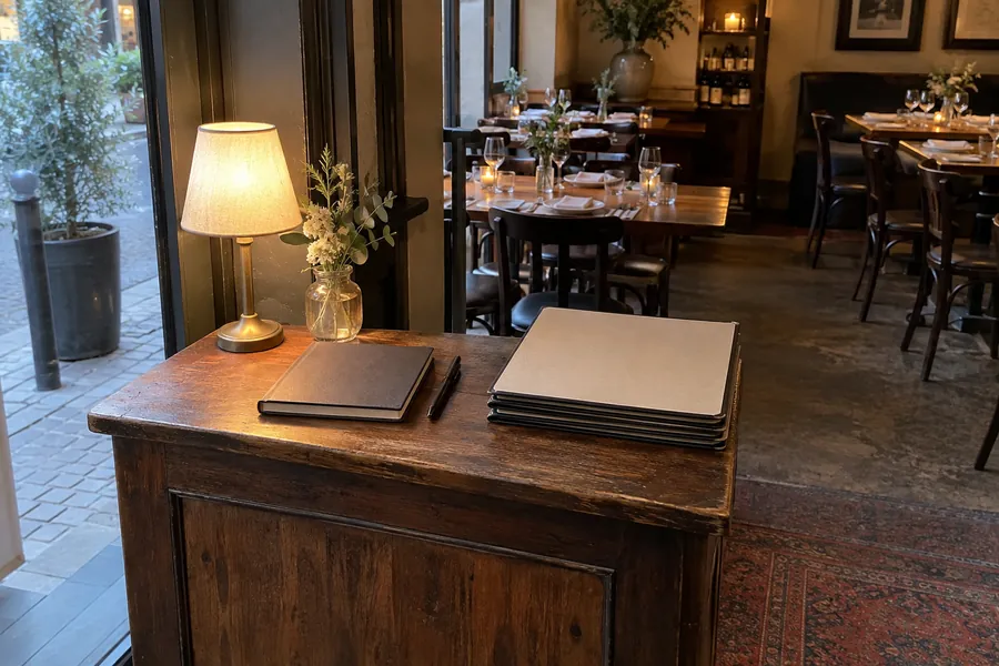 Il leggio di legno dell’accoglienza all’ingresso di un bistrot, prima del servizio serale, con una lampada, il libro delle prenotazioni chiuso e una pila di menu