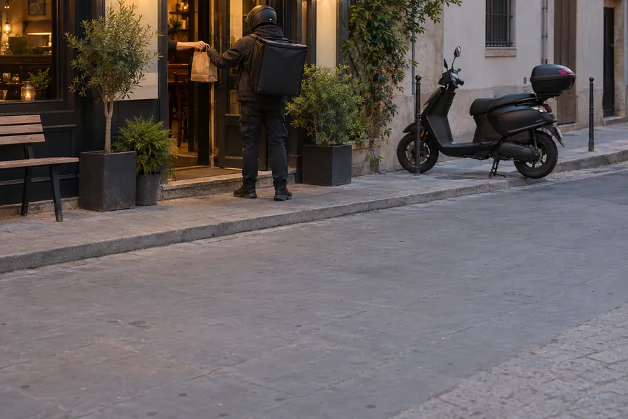 A delivery rider with an insulated backpack at the door of a small restaurant at dinner time, a scooter at the kerb