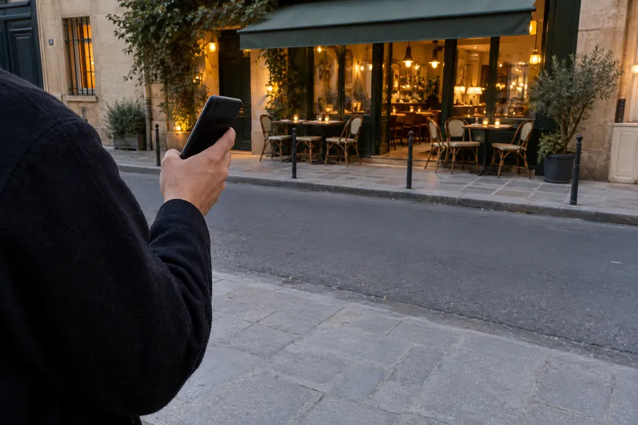 Una mano che tiene un telefono sul marciapiede, sul far della sera, con un piccolo bistrot illuminato dall’altra parte della strada