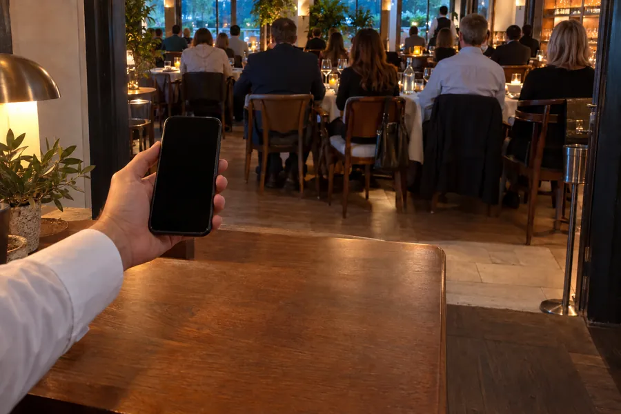 Il servizio serale visto dall’ingresso: un cameriere con il telefono in mano accanto all’accoglienza, davanti a una sala piena