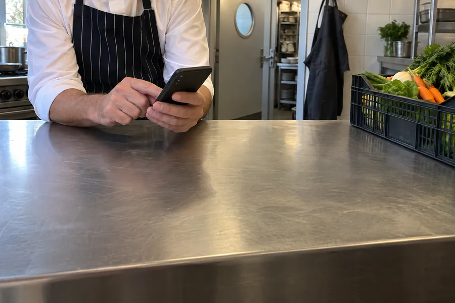 La main d’un restaurateur qui écrit sur son téléphone près de la porte de la cuisine, appuyé contre un plan de travail en inox