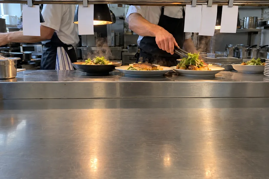 Plates set down at a busy kitchen pass during lunch, tickets clipped on the rail above