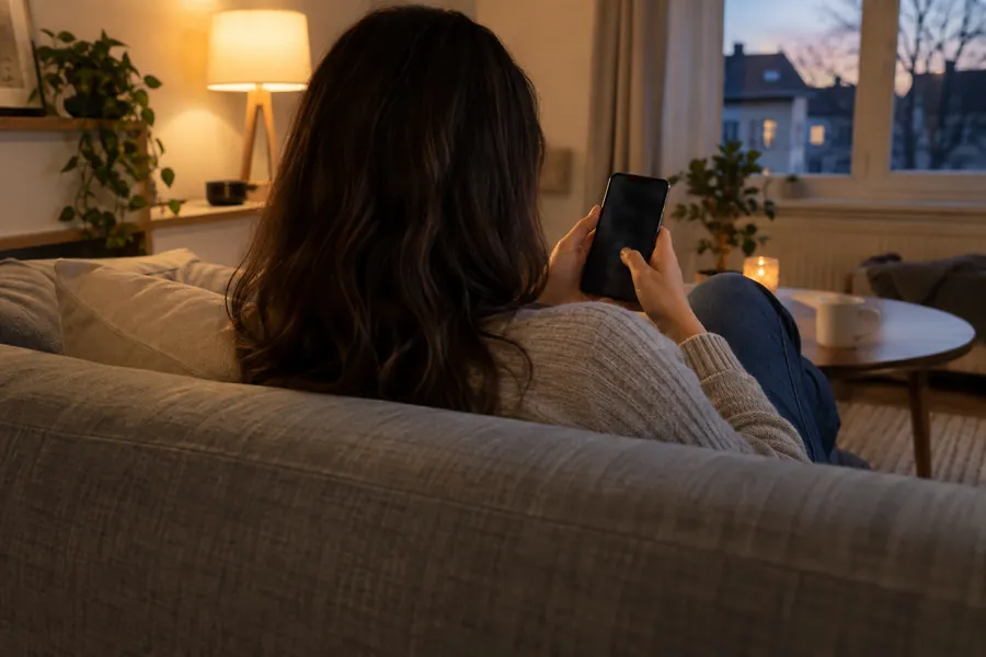 Eine Person am frühen Abend auf einem Sofa, ein Handy in der Hand, über die Schulter gesehen
