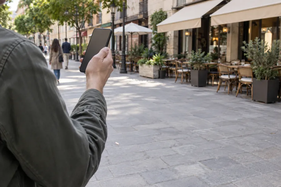 Una mano che tiene un telefono in una via dello shopping, in tarda mattinata; sullo sfondo, piccoli ristoranti con dehors