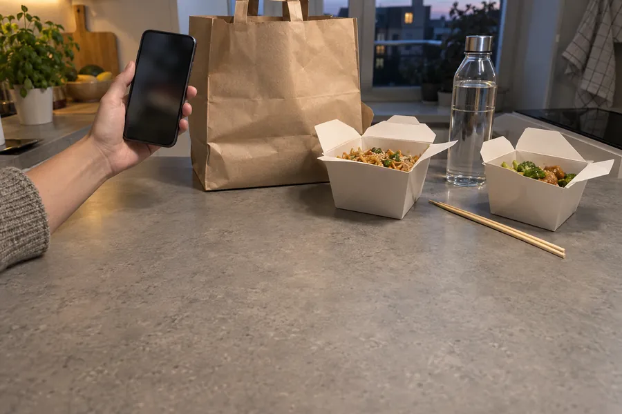 Eine gerade geöffnete Tüte mit Essen zum Mitnehmen auf einer Küchentheke zu Hause, daneben eine Hand mit Handy