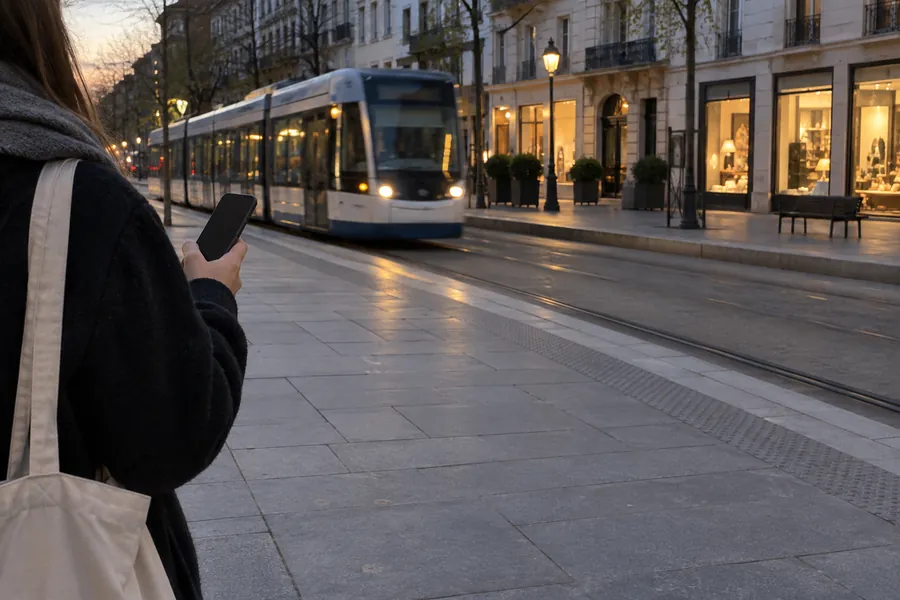 Une personne qui tient un téléphone à un arrêt de tram en début de soirée, un tram qui arrive au fond
